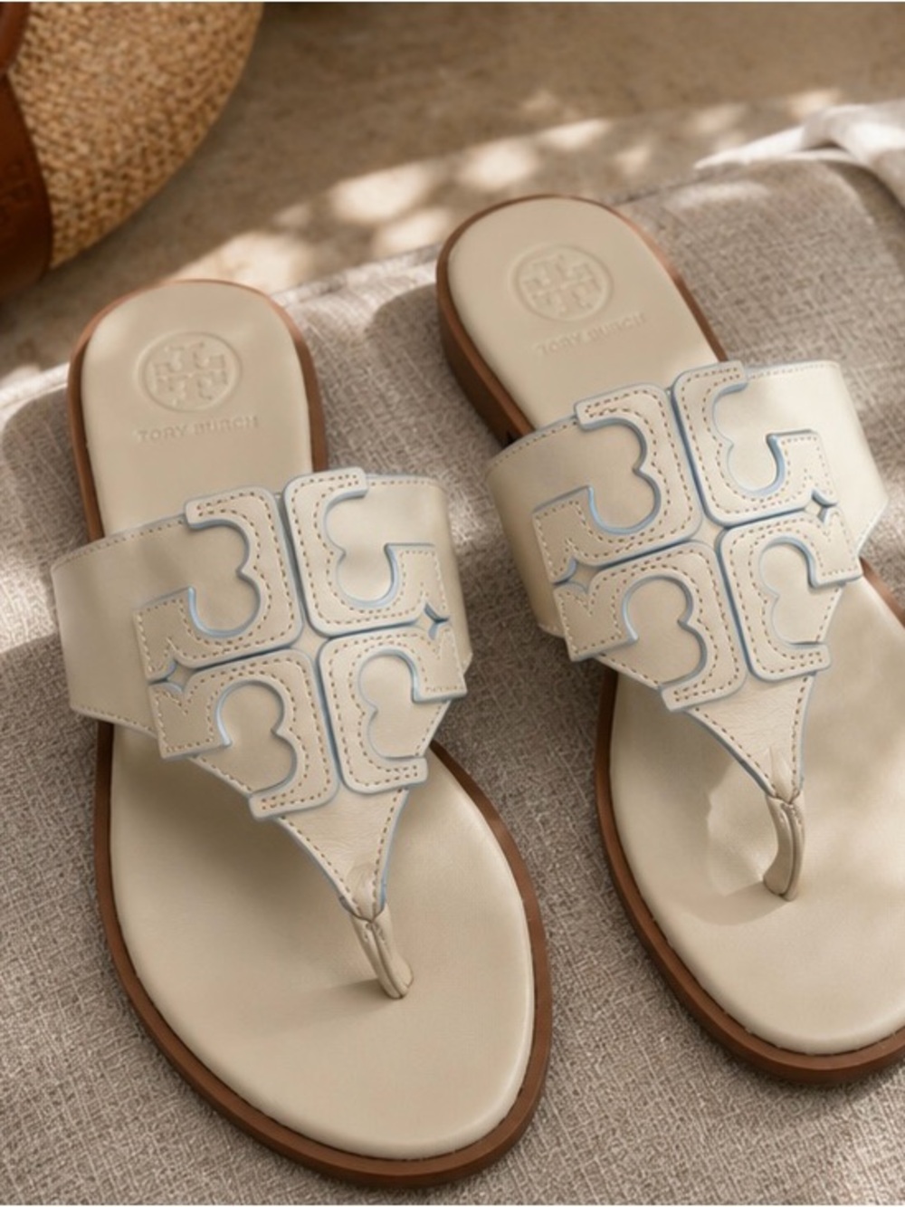 Tory Burch Cream and blue Leather Logo Thong Sandals sz 8